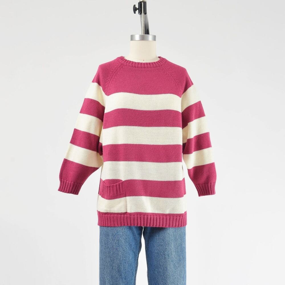 Vintage 80s Striped Acrylic Raglan Sleeve Sweater with Pocket S M